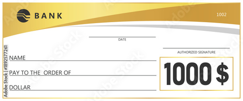 Golden check template. Blank banking check for payment, donation, or prize. Elegant gold wave design on white background. Financial business concept for gift or reward.