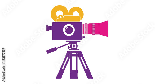 Stylized film camera illustration with vibrant purple yellow and pink hues