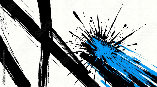 Dynamic abstract artwork with bold black brushstrokes and a vibrant blue paint splatter on a white background.