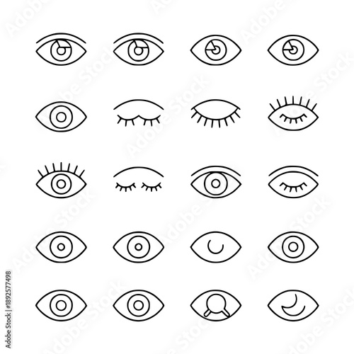 Minimal outline eye icon set vector with open, closed, sleeping, and supervision symbols
