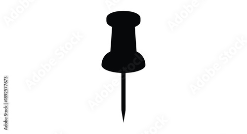 Simple black silhouette of a push pin on a white background