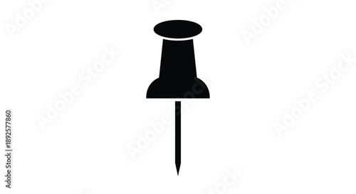 Simple black silhouette of a push pin on a white background