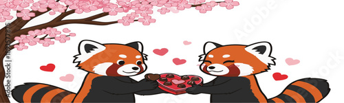 Cute red panda couple vector illustration sharing a heart shaped chocolate under a blooming cherry blossom tree. Romantic love concept for Valentine’s Day