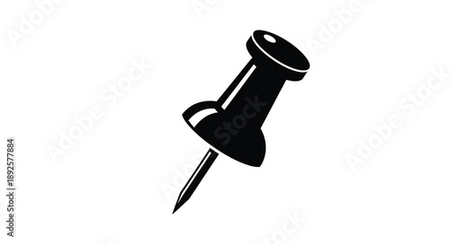 A simple black silhouette of a push pin on a white background