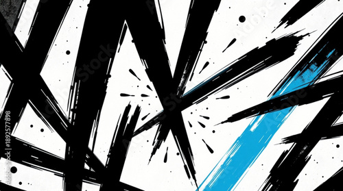 Abstract background with dynamic black brush strokes and a striking blue accent on a white canvas.