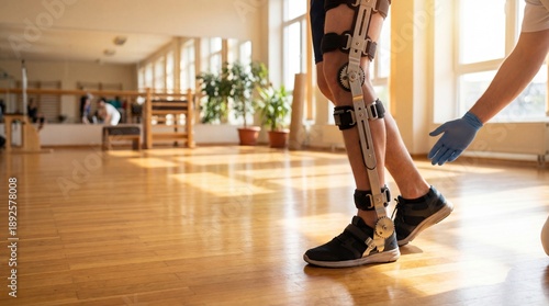 Patient wearing mechanical leg brace walking during physical therapy session in rehabilitation center