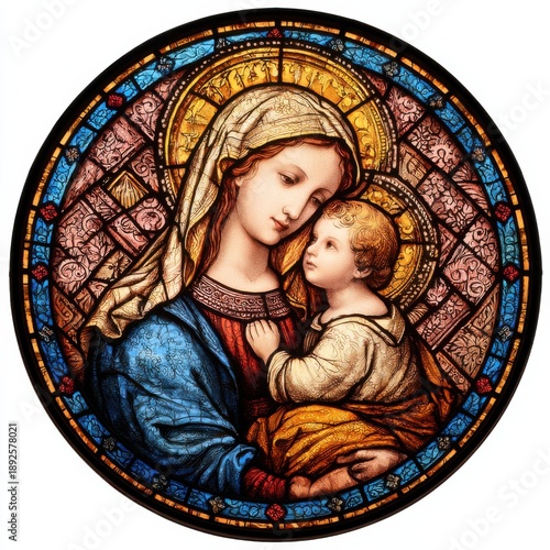 Stained Glass Virgin Mary and Baby Jesus: Sacred Circular Window