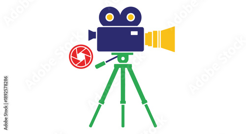 A colorful illustration depicting a film camera set up on a tripod