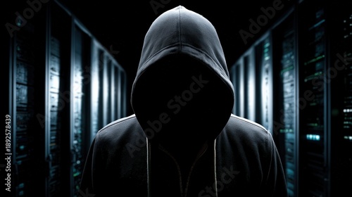 A mysterious figure in a hoodie stands in a dimly lit server room, evoking themes of anonymity and technology.