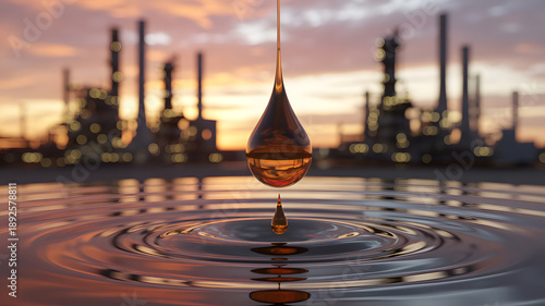 Golden amber oil droplet falling into dark water creating ripples with a distant industrial refinery at sunset, symbolizing energy production and environmental impact.