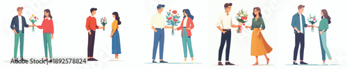 vector of a man standing giving flowers to his lover