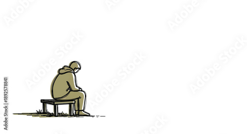 Lone figure in a hooded jacket sitting on a bench, contemplating