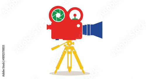 Colorful illustration of a vintage movie camera on a tripod