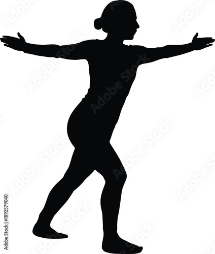 Silhouette of a Woman Balancing with Outstretched Arms Isolated on White Background
