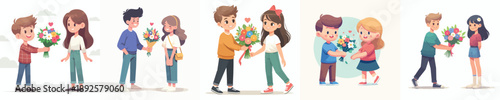 vector of a little boy giving flowers to a little girl