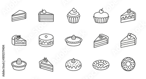 Minimalist Cake and Cupcake Line Art Icon Collection: Sweet Bakery Dessert Vector Set