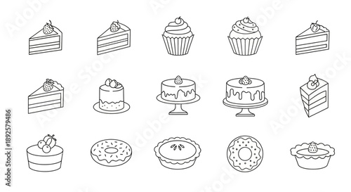 Minimalist Cake and Cupcake Line Art Icon Collection: Sweet Bakery Dessert Vector Set