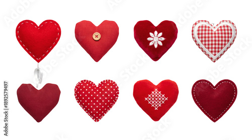 Heart ornament set including fabric, felt, checkered, and embroidered variants arranged on grid. Valentine day and wedding decor collection.