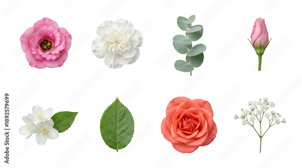 Fototapeta premium Floral set including pink lisianthus, white carnation, coral rose, jasmine, gypsophila, and eucalyptus foliage isolated. Botanical wedding decoration and spring nature collection.