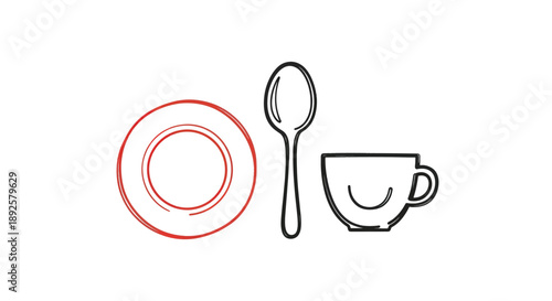 Simple icons for breakfast: plate, spoon, and cup with face