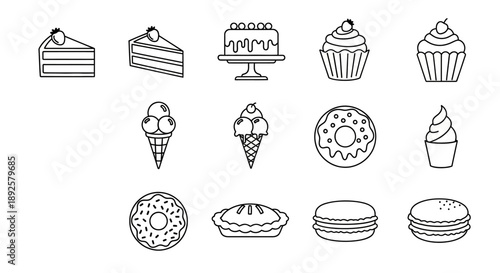 Minimalist Cake and Cupcake Line Art Icon Collection: Sweet Bakery Dessert Vector Set