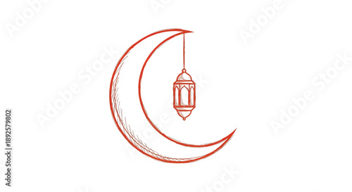 Red crescent moon with hanging lantern, symbolizing Ramadan and Islamic themes