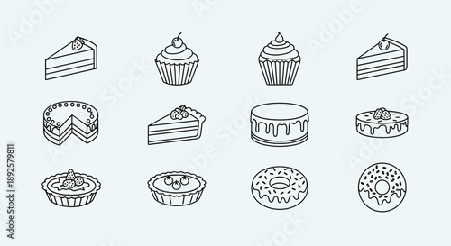 Minimalist Cake and Cupcake Line Art Icon Collection: Sweet Bakery Dessert Vector Set