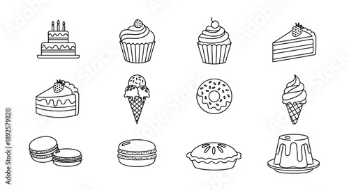 Minimalist Cake and Cupcake Line Art Icon Collection: Sweet Bakery Dessert Vector Set