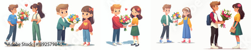 vector of a little boy giving flowers to a little girl