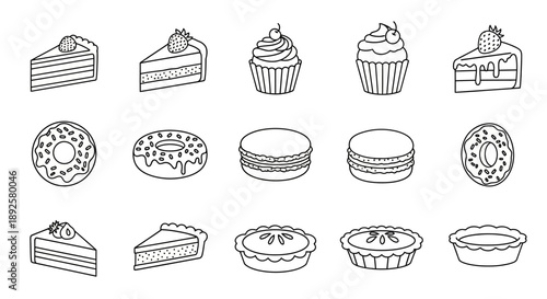 Minimalist Cake and Cupcake Line Art Icon Collection: Sweet Bakery Dessert Vector Set