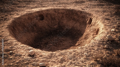 A large crude pit dug into the earth surface showing its rough texture and depth under natural daylight