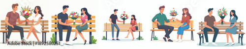 vector of man and woman sitting on a park bench giving a flower