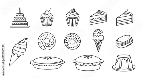 Minimalist Cake and Cupcake Line Art Icon Collection: Sweet Bakery Dessert Vector Set