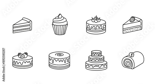 Minimalist Cake and Cupcake Line Art Icon Collection: Sweet Bakery Dessert Vector Set