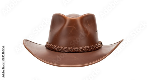 Brown leather cowboy hat isolated PNG, traditional western headwear for rancher or rodeo fashion on transparent background