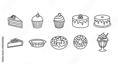 Minimalist Cake and Cupcake Line Art Icon Collection: Sweet Bakery Dessert Vector Set