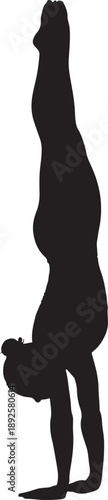 Silhouette of woman practicing handstand yoga balance pose on white background