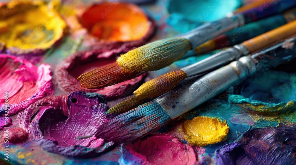 Fototapeta premium Close-up of paint palette with vibrant colors and brushes, showcasing a creative artistic process.