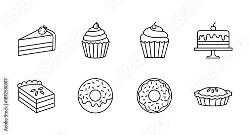 Minimalist Cake and Cupcake Line Art Icon Collection: Sweet Bakery Dessert Vector Set