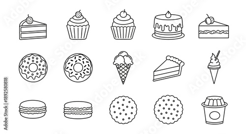 Minimalist Cake and Cupcake Line Art Icon Collection: Sweet Bakery Dessert Vector Set