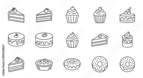 Minimalist Cake and Cupcake Line Art Icon Collection: Sweet Bakery Dessert Vector Set