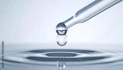 Clear liquid drop falling from a glass pipette creating ripples on a water surface
