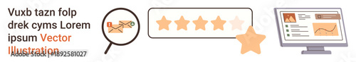 Customer feedback, user experience, reputation management, online ratings, digital analytics, quality assurance. Magnifying glass, five-star rating and computer screen. Customer feedback