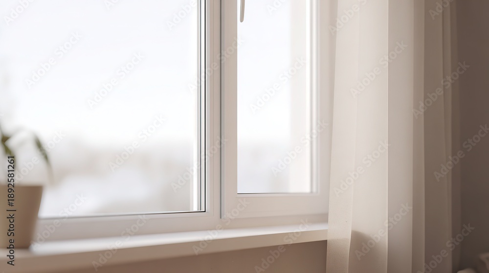 Fototapeta premium Minimalist still life focusing on texture and light. White-painted frame and sheer curtain show fine detail, dust motes add life, pure and airy