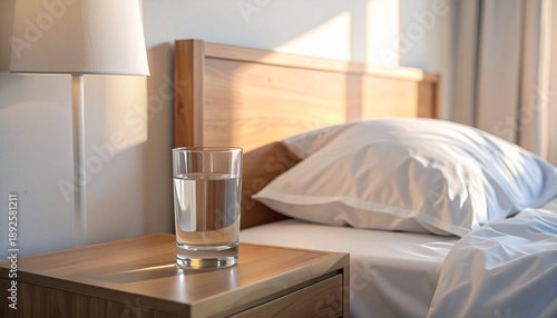 Peaceful morning scene with a glass of water on a bedside table in the sunlight