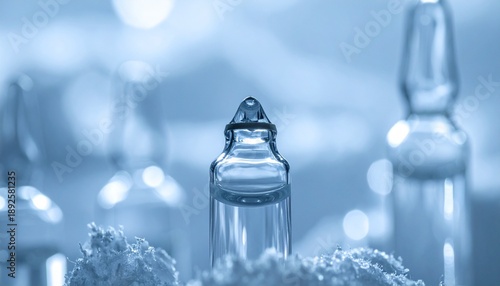 Pharmaceutical vial with medicine or vaccine on ice in a cool blue lab setting