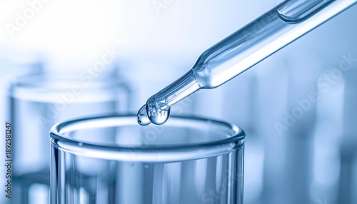 Pipette dripping clear liquid into a test tube in a science laboratory