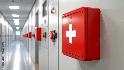 Red first aid station ready for emergency in a clean industrial corridor