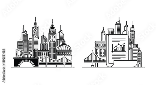 Linear cityscape combining london landmarks and financial chart elements