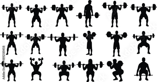 Silhouettes of people performing various weightlifting exercises with barbells and dumbbells